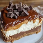 Homemade no-bake Twix cheesecake topped with caramel and chocolate