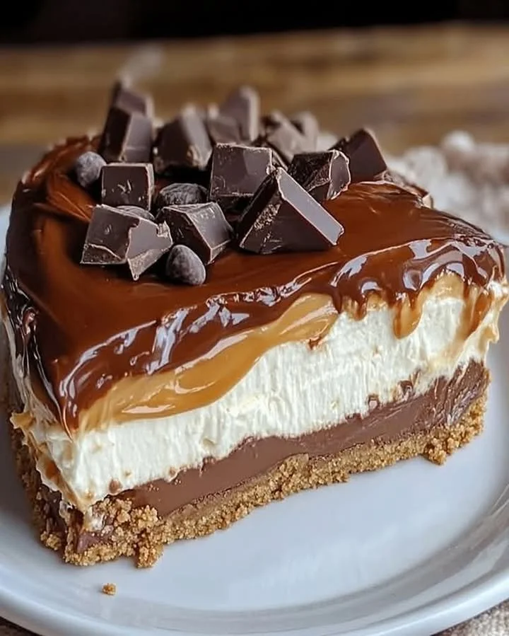 Homemade no-bake Twix cheesecake topped with caramel and chocolate