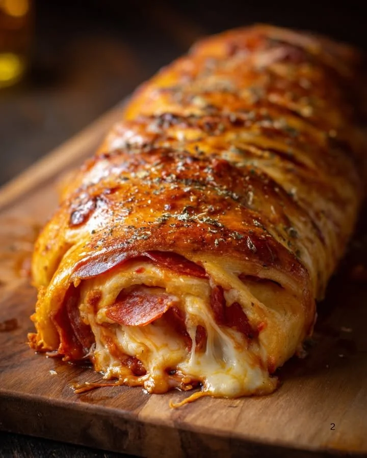 Homemade pepperoni stromboli with melted mozzarella cheese