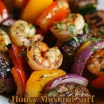 Honey mustard surf and turf skewers with shrimp and steak on a grill