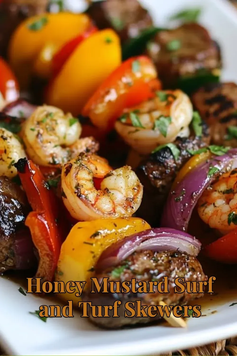 Honey mustard surf and turf skewers with shrimp and steak on a grill