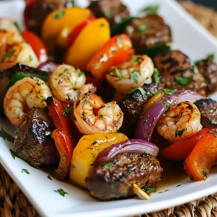 Honey Mustard Surf and Turf Skewers featuring shrimp and steak on skewers