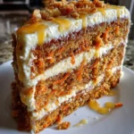 Slice of Honeybun Carrot Cake topped with cream cheese frosting and walnuts.