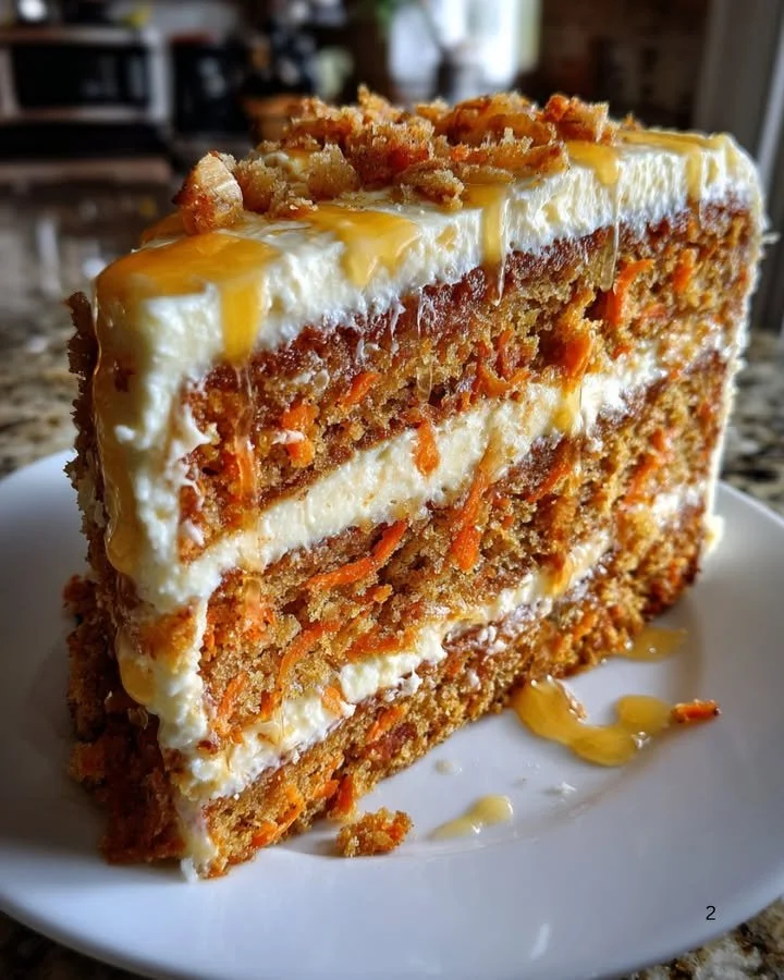 Slice of Honeybun Carrot Cake topped with cream cheese frosting and walnuts.