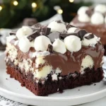 Decadent hot chocolate poke cake topped with whipped cream and chocolate sprinkles