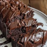 Delicious hot fudge brownie bread topped with chocolate drizzle