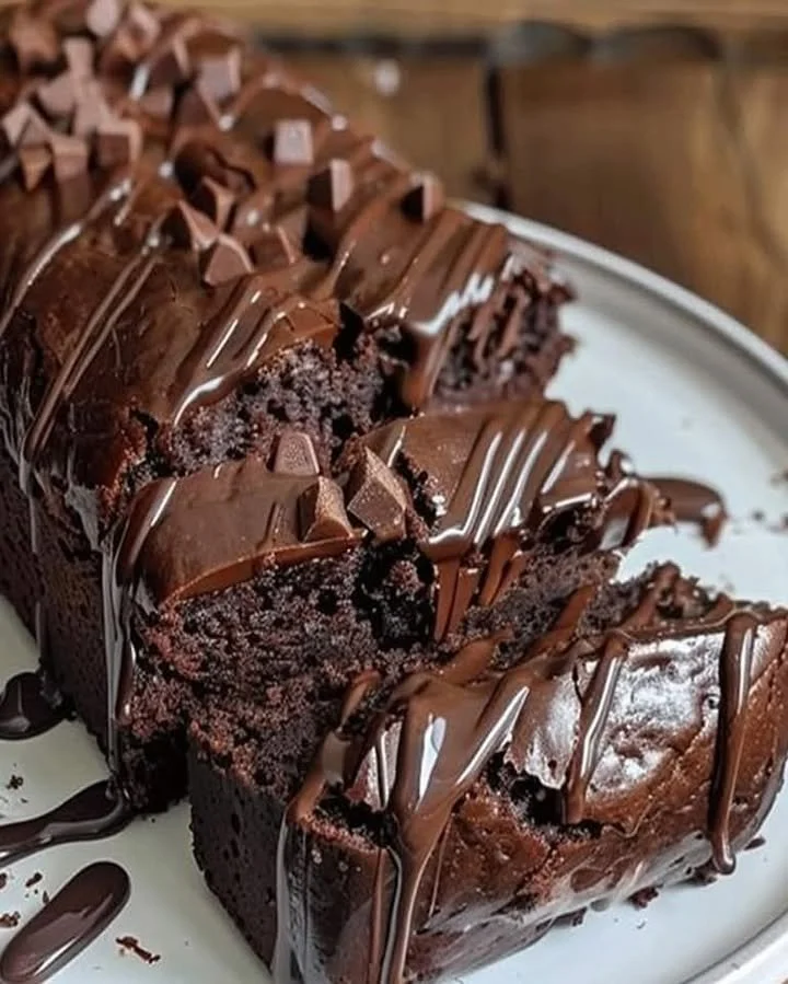 Delicious hot fudge brownie bread topped with chocolate drizzle