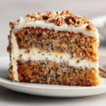 Delicious slice of Hummingbird Cake with cream cheese frosting and tropical fruits