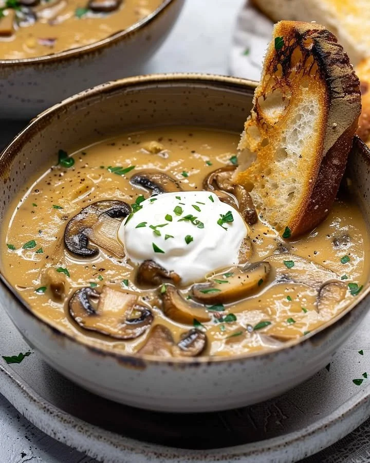 Bowl of rich and creamy Hungarian Mushroom Soup garnished with herbs