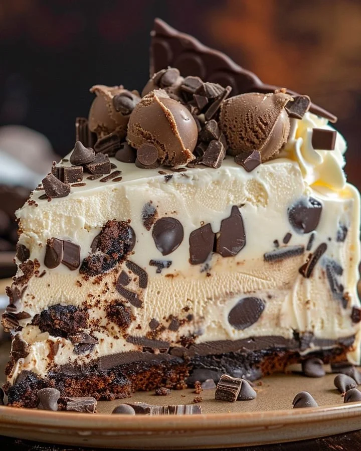 Irresistible chocolate chip cookie dough ice cream cake with cookie chunks and chocolate drizzle