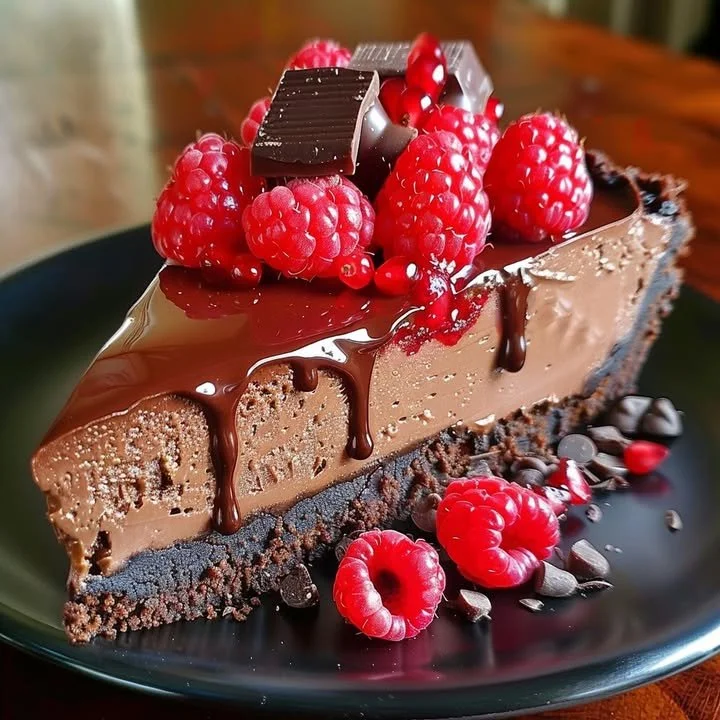 Irresistible chocolate raspberry cheesecake topped with fresh raspberries and chocolate drizzle.