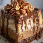 Delicious slice of German Chocolate Cheesecake topped with chocolate and nuts.