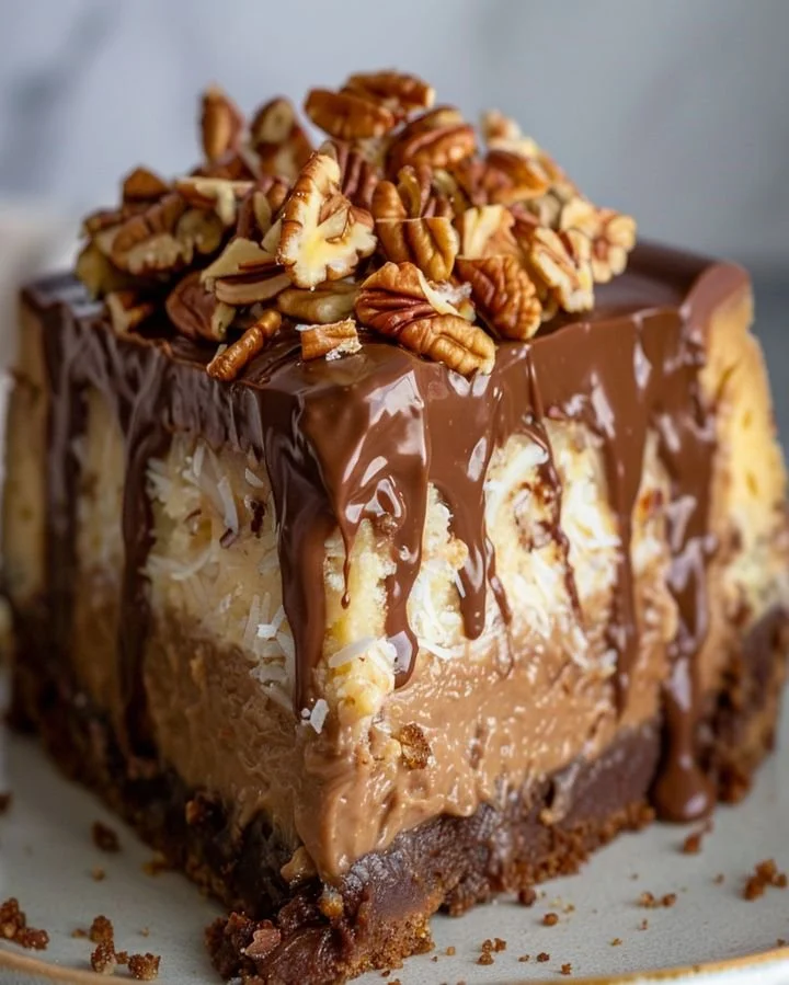 Delicious slice of German Chocolate Cheesecake topped with chocolate and nuts.