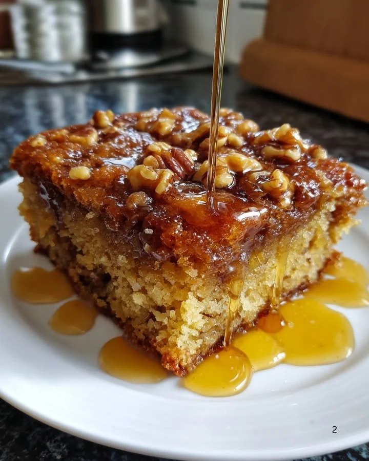Delicious slice of Greek Honey Cake topped with honey and nuts