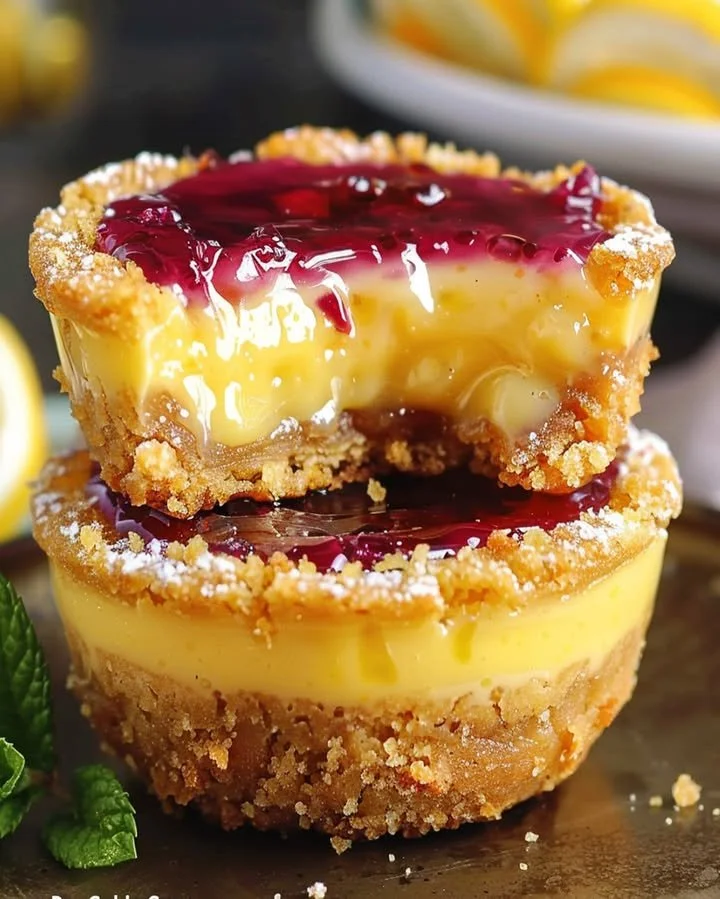 Lemon raspberry cheesecake cups garnished with fresh raspberries and lemon zest.
