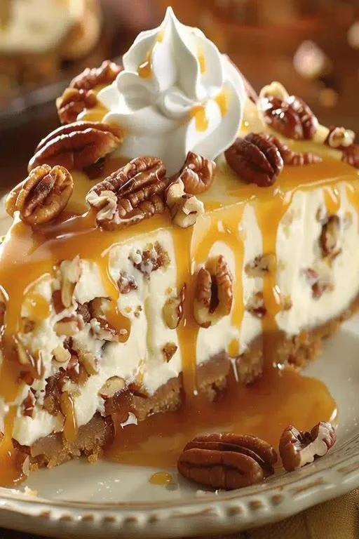 Slice of Pecan Caramel Cheesecake topped with caramel drizzle and pecans
