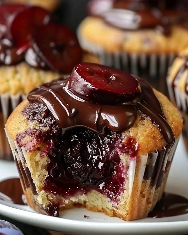 Delicious plum chocolate muffins fresh out of the oven