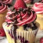 Irresistible raspberry chocolate cupcakes topped with frosting and fresh raspberries