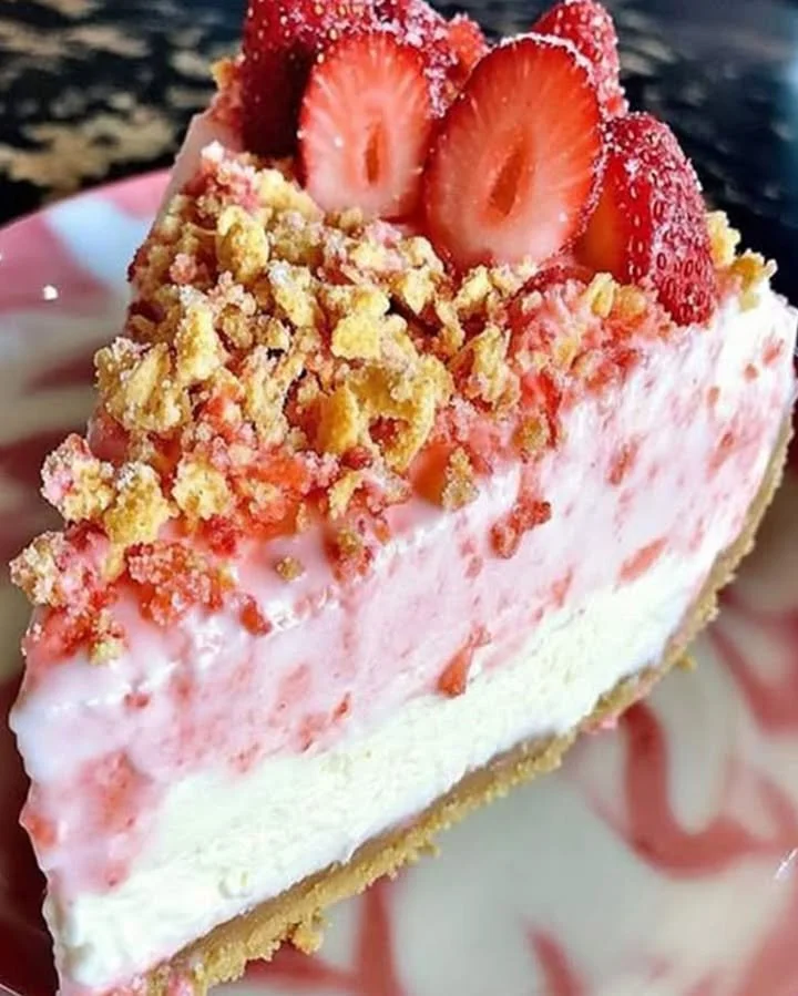 Irresistible Strawberry Crunch Cheesecake topped with fresh strawberries and a crunchy crust.