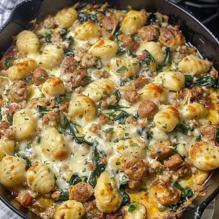 Italian Sausage Gnocchi Bake dish with melted cheese and herbs