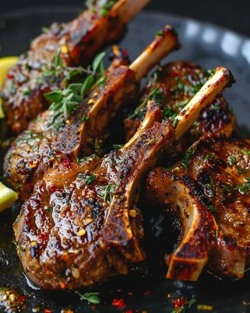 Garlic butter lamb chops served with herbs and vegetables