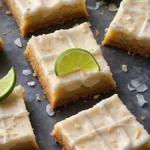 Delicious Key Lime Coconut Bars garnished with lime slices on a wooden plate