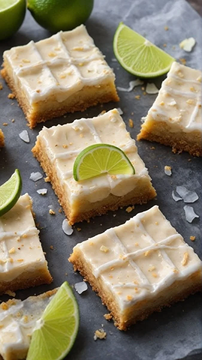 Delicious Key Lime Coconut Bars garnished with lime slices on a wooden plate