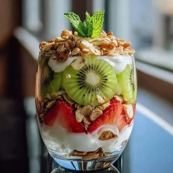 Delicious Kiwi Strawberry Yogurt Parfait served in a glass with fresh fruits.