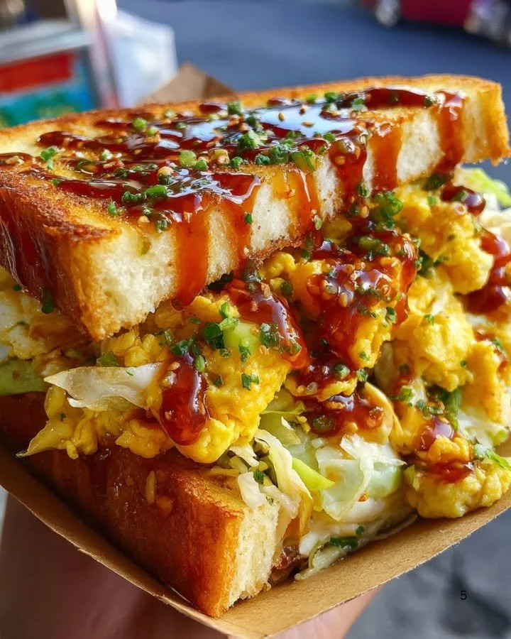 Delicious Korean Egg Sandwich garnished with fresh herbs and spices.