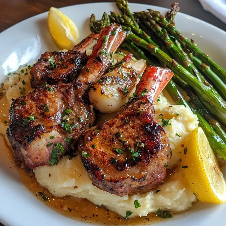 Lamb chops served over lobster mash with asparagus on a gourmet plate