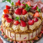 Lavishly decorated strawberries cheesecake with fresh strawberries and elegant toppings.