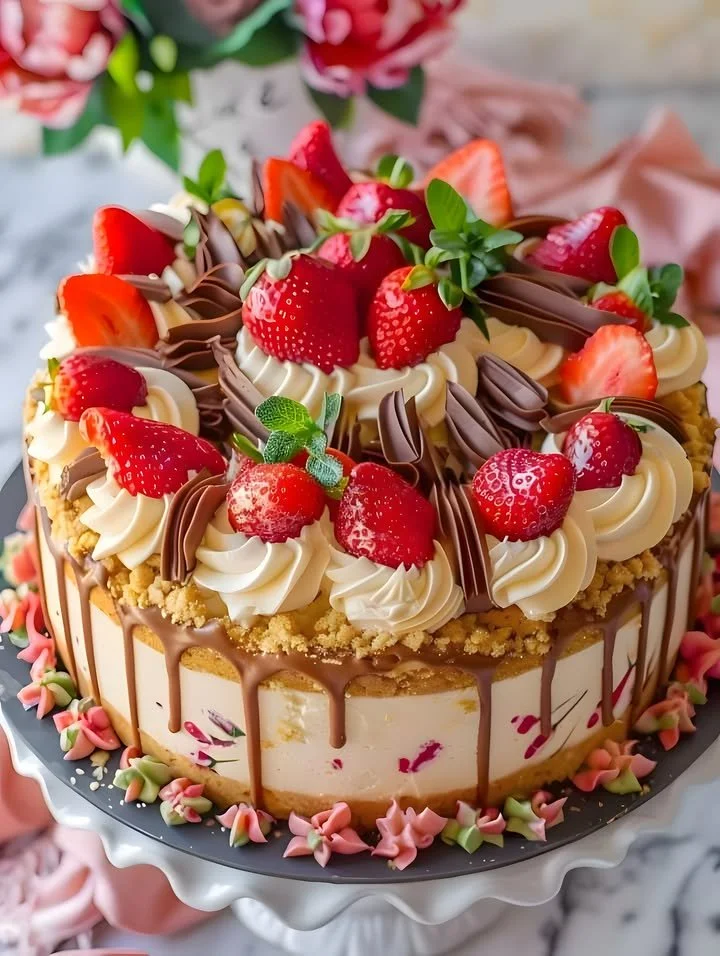 Lavishly decorated strawberries cheesecake with fresh strawberries and elegant toppings.