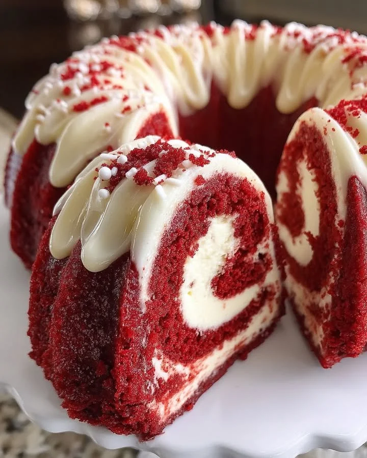 Layered Red Velvet Cheesecake Bundt Cake showcasing vibrant red layers and creamy frosting
