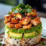 Layered Teriyaki Chicken and Avocado Sushi Rice Stack