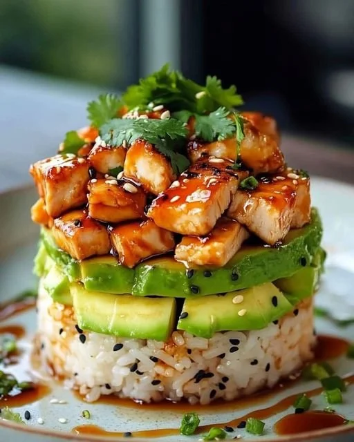 Layered Teriyaki Chicken and Avocado Sushi Rice Stack