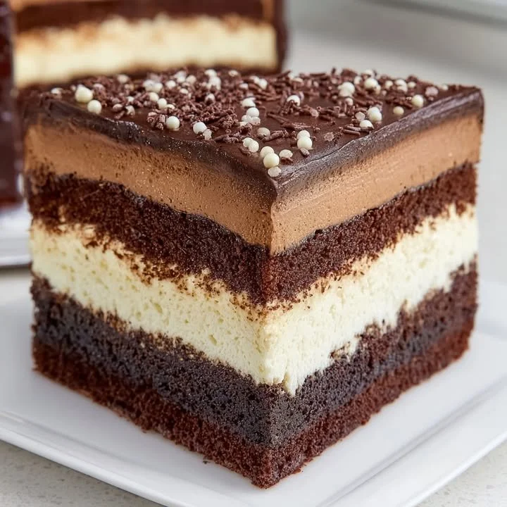 Layers of rich chocolate cake with decadent frosting