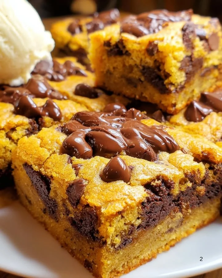 Delicious Lazy Chocolate Chip Cookie Bars with melted chocolate and cookie dough