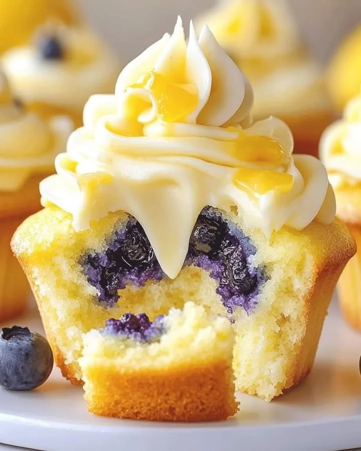 Lemon Blueberry Cupcakes with frosting and berries on top