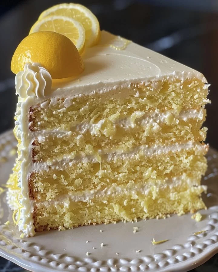 Slice of Lemon Cream Cheese Cake with lemon zest and cream cheese frosting