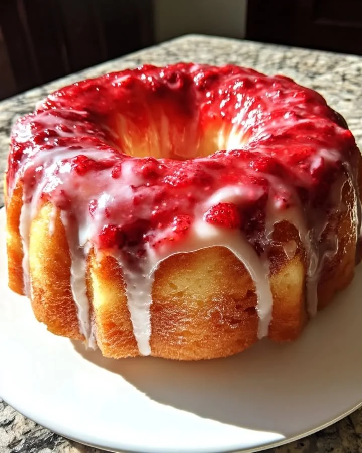 Lemon Cream Cheese Pound Cake with Strawberry Glaze on a decorative plate