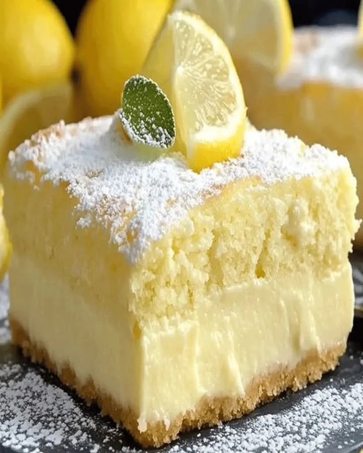 Slice of lemon custard cake topped with fresh lemon zest and berries