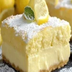 Delicious Lemon Custard Cake topped with fresh lemon slices and whipped cream.