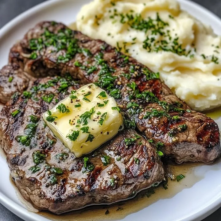Lemon Herb Butter Steak served with fluffy mashed potatoes on a plate
