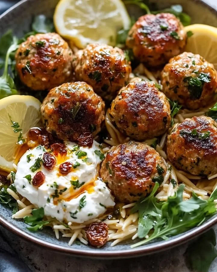 Lemon herb meatballs with orzo and whipped feta on a plate