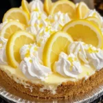 Delicious Lemon Mascarpone Pie topped with fresh lemons and whipped cream