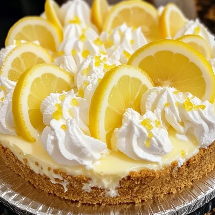 Delicious Lemon Mascarpone Pie topped with fresh lemons and whipped cream