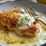 Lemon Pecorino Crusted Chicken served with a creamy lemon sauce