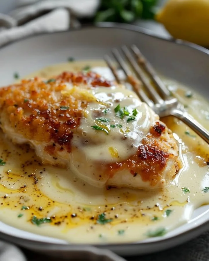 Lemon Pecorino Crusted Chicken served with a creamy lemon sauce