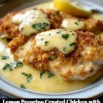 Lemon Pecorino Crusted Chicken with Creamy Lemon Sauce on a plate