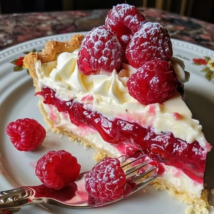 Slice of Lemon Raspberry Layered Pie showcasing vibrant layers of lemon and raspberry